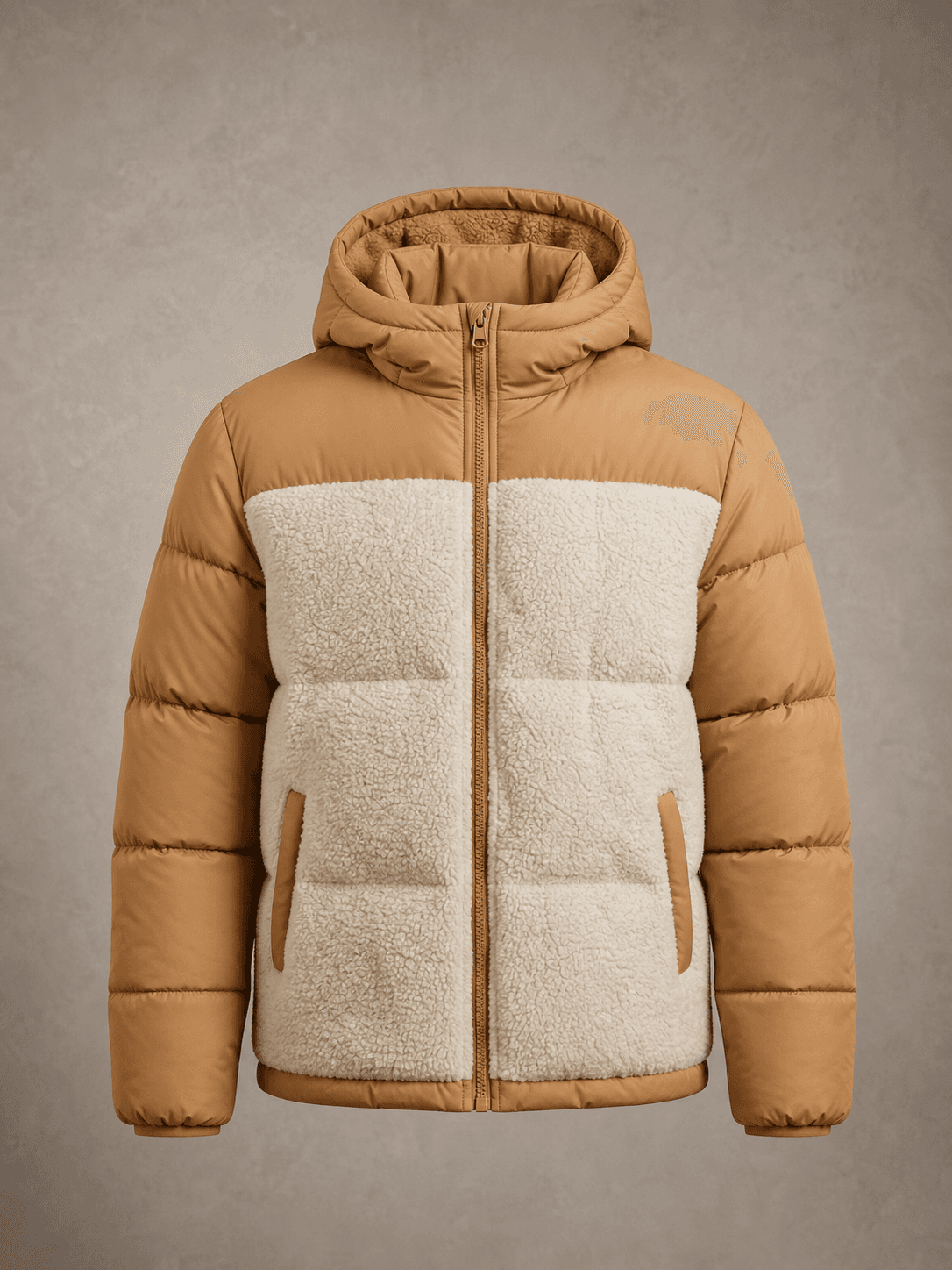 Jaqueta Puffer Teddy Bicolor Bege e Off-White